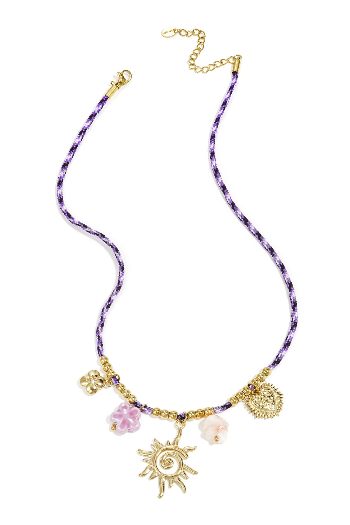 Kleurrijk koord ketting met variërende hangers paars